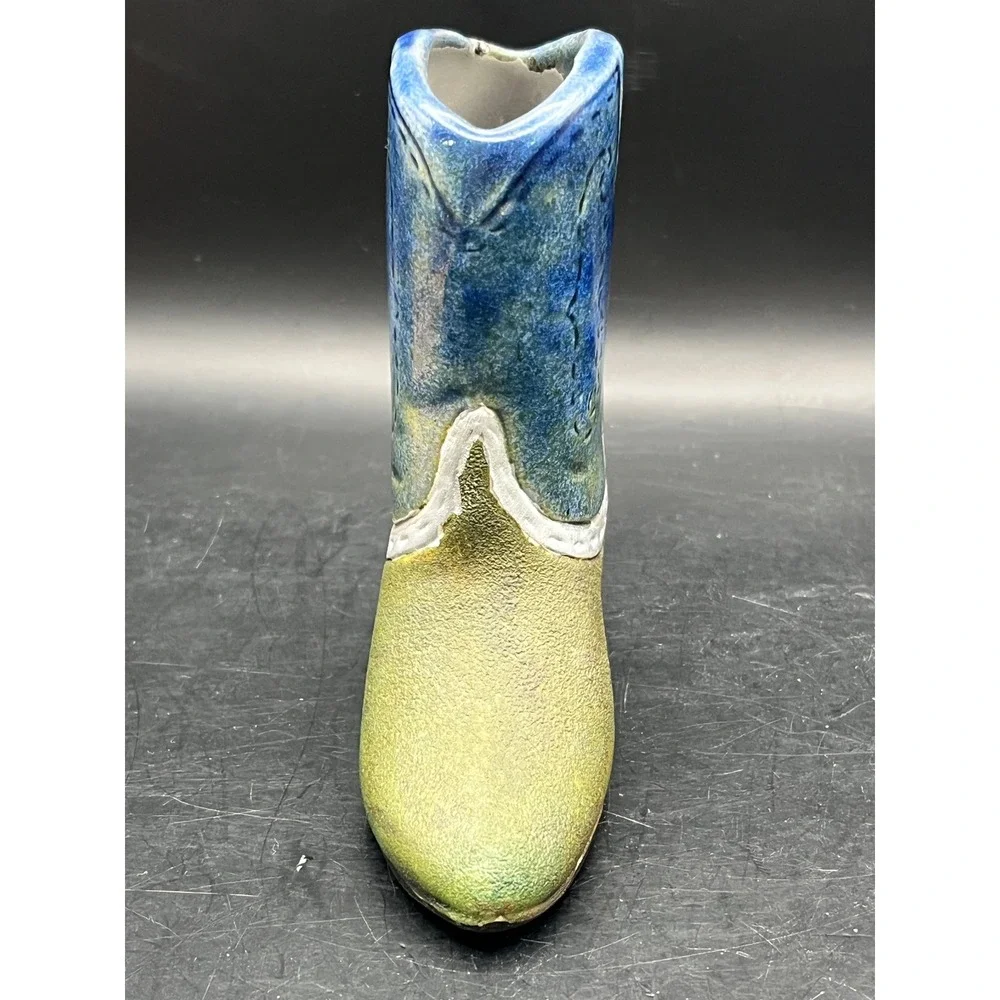 Jeremy Diller Raku Pottery Cowboy Boot Vase Planter Signed Mexico Southwest 4.5